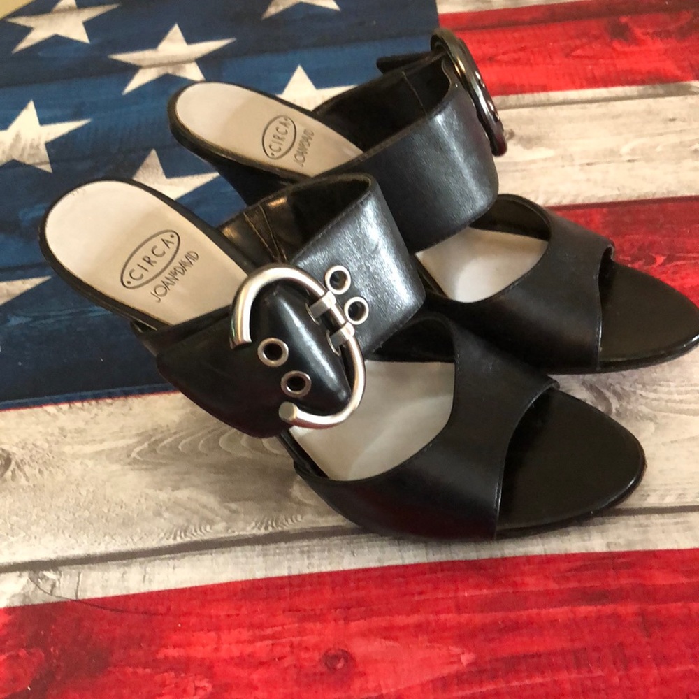Joan and David Circa black leather wedges